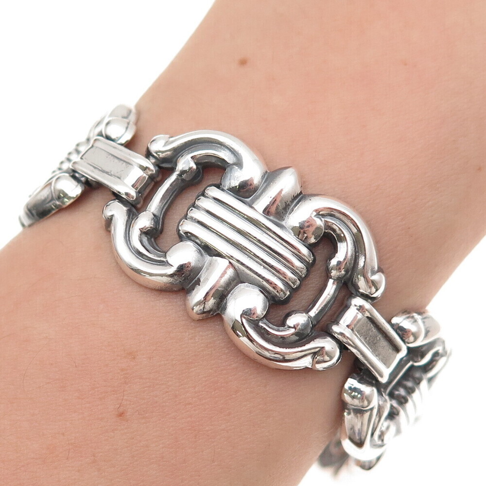 925 Sterling Silver Antique Art Deco Fleur de Lis Oxidized Bracelet 7.25"